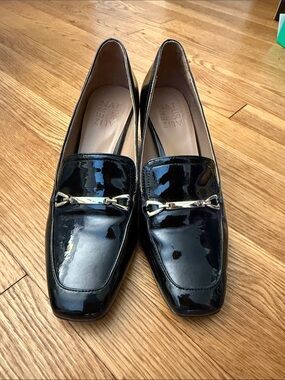Naturalizer Black Patent Loafers with Gold Bit Accent